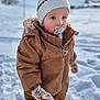 child, toddler, pacifier, beanie, winter_coat, mittens, snow, outdoors, portrait, blue_eyes, rosy_cheeks, bundled_up, fur_trim, zipper, winter, cold, standing, pacifier_clip, cute, bokeh