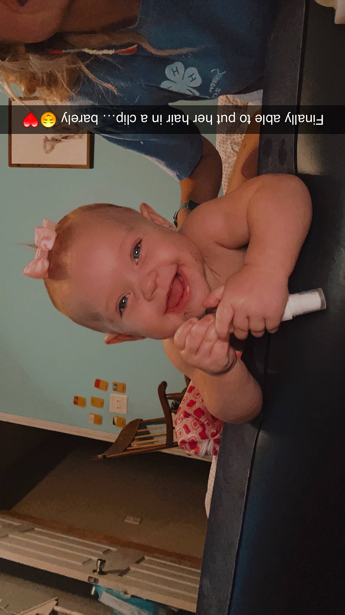 Adaline is registered to the contest to win money with this photo: abdomen, baby, chest, child, ear, elbow, eyelash, finger, font, gesture, hair, happy, jaw, joy, mouth, person, photo_caption, room, smile, thumb