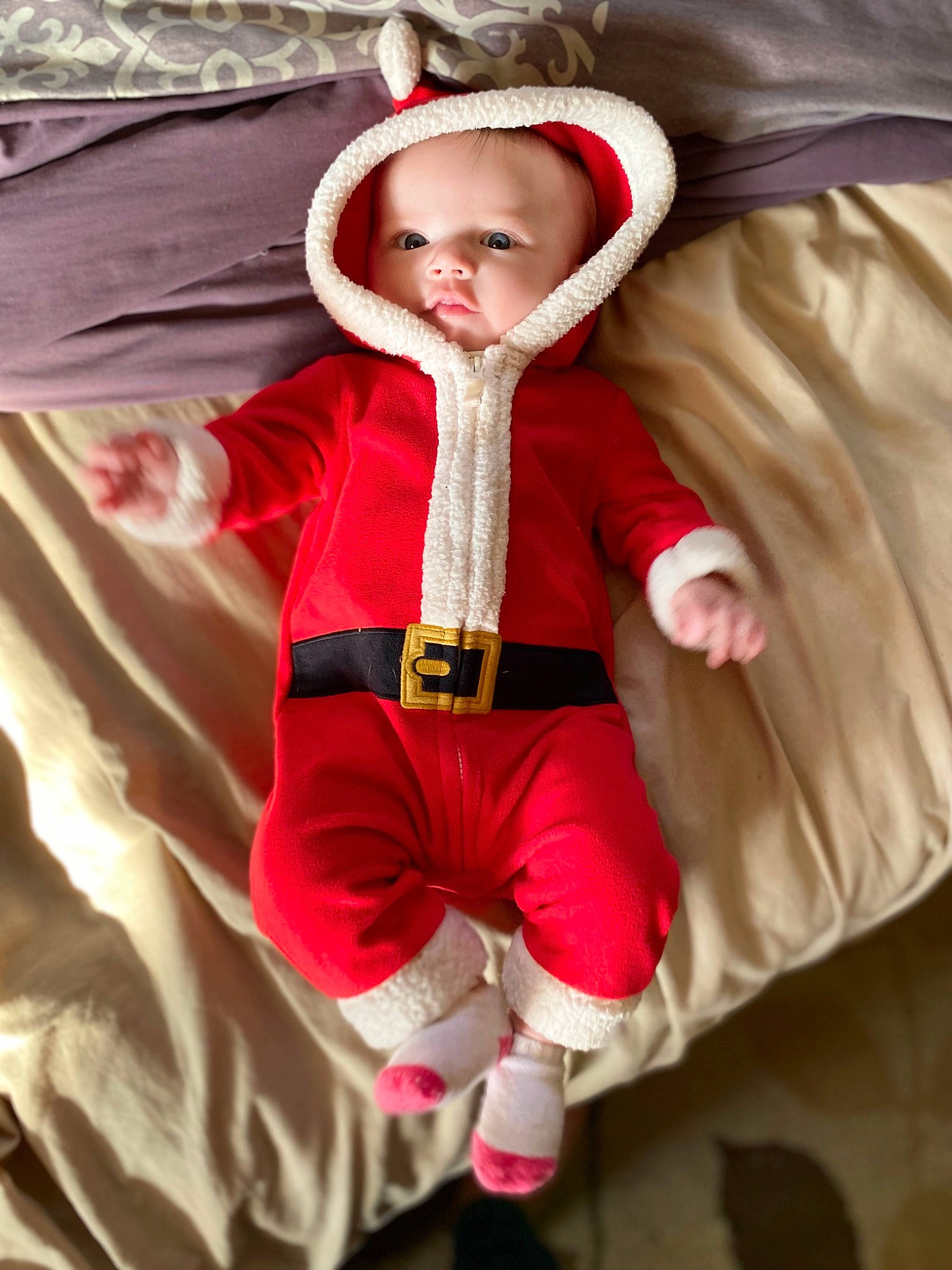 Esmae joined the competition — help win amazing prizes! baby, baby_toddler_clothing, child, christmas, christmas_eve, comfort, costume, costume_hat, face, fictional_character, fun, fur, happy, headgear, linens, magenta, person, sitting, sleeve, textile