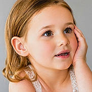 Leiadawn joined the competition — help win amazing prizes! child, girl, portrait, face, close_up, smiling, curious, looking_up, brown_hair, blue_eyes, studio, gray_background, white_dress, lace, hand_on_cheek, shoulders, indoor, photography, adorable, young_child