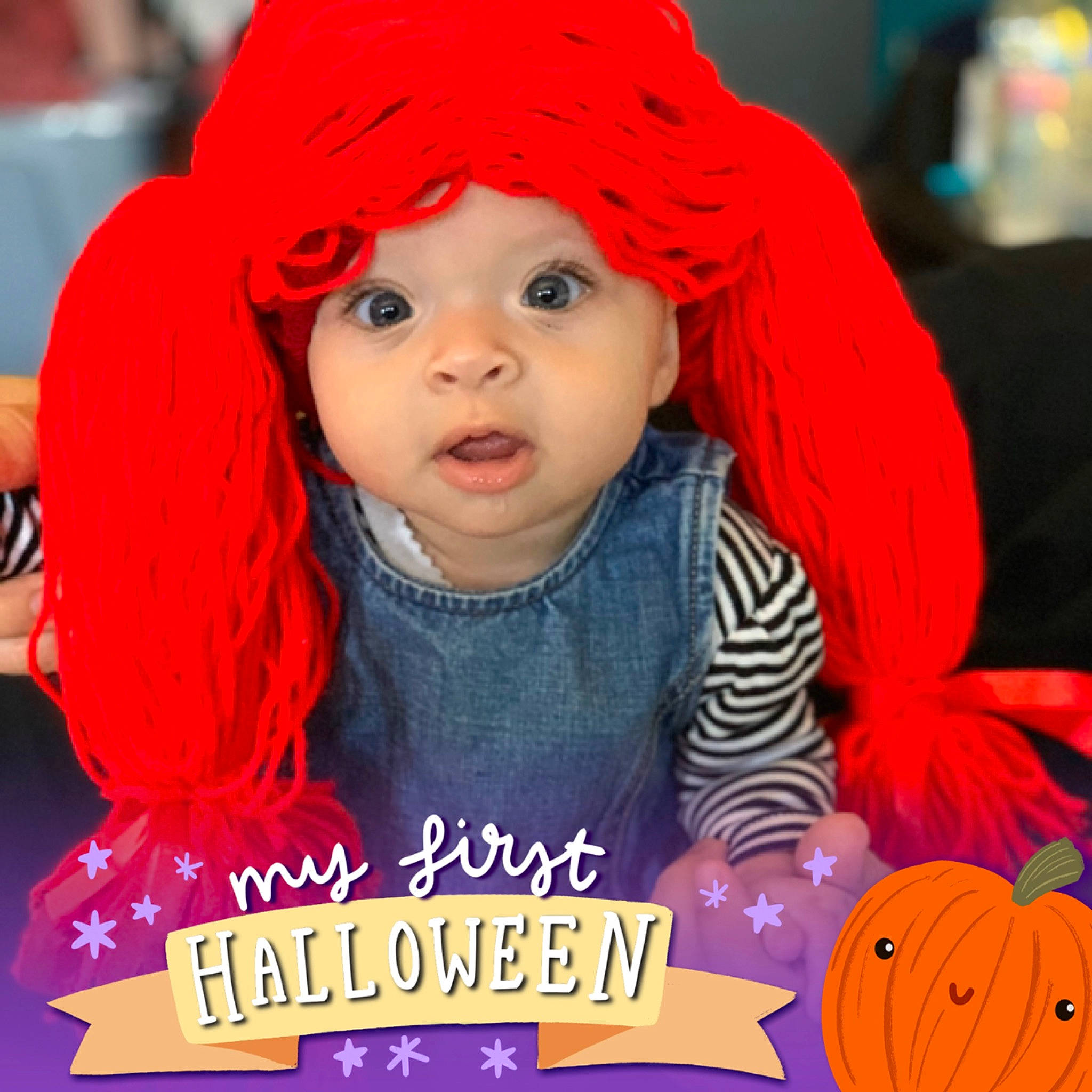 Aaria is registered to the contest to win money with this photo: cheek, child, clothing, costume, eye, face, forehead, hair, hair_coloring, hairstyle, head, headgear, human, iris, lace_wig, lip, long_hair, orange, person, toddler