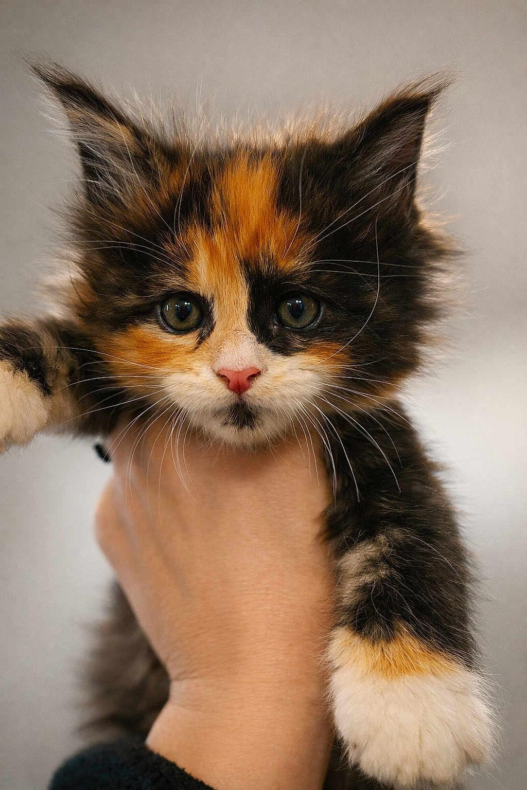 Bulle participe au concours pour gagner de l'argent avec cette photo : cat, kitten, calico, pet, whiskers, pink_nose, big_eyes, fur, paw, human_hand, closeup, portrait, cute, indoor, holding, looking_at_camera, soft_texture, young_animal, domestic_animal, background_blur