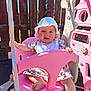 Elodie is registered to the contest to win money with this photo: baby, child, swing, pink, hat, sunhat, outdoor, fence, smiling, happy, dress, foot, playground, sunlight, seat, person, summer, cute, infant, play