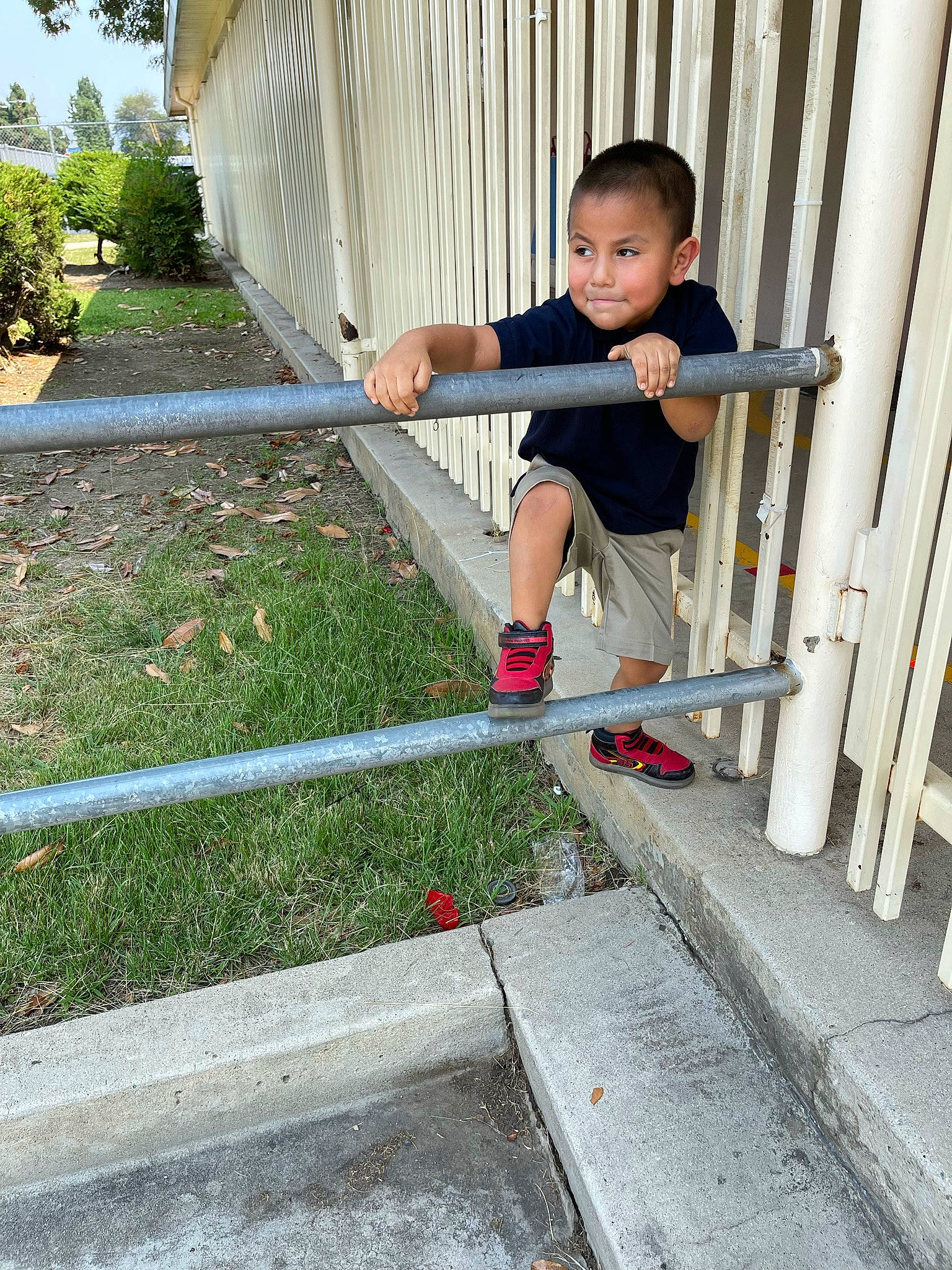 Liam is registered to the contest to win money with this photo: baby, child, composite_material, concrete, grass, handrail, leg, leisure, outdoor_shoe, people_in_nature, person, plant, road_surface, shorts, sidewalk, sky, stairs, t_shirt, toddler, tree