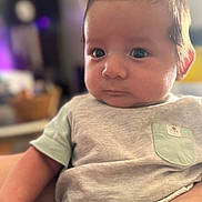 Millio joined the competition — help win amazing prizes! baby, infant, child, face, portrait, closeup, clothing, shirt, pocket, arm, skin, person, indoors, blurred_background, soft_light, expression, cute, young, holding, casual