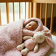 Rainbow is registered to the contest to win money with this photo: baby, infant, newborn, sleeping, asleep, crib, crib_slats, pink_blanket, fluffy_blanket, plush_bunny, stuffed_toy, soft_toy, cozy, nursery, wood_furniture, soft_texture, bedding, portrait, peaceful, cute