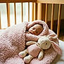 asleep, baby, bedding, cozy, crib, crib_slats, cute, fluffy_blanket, infant, newborn, nursery, peaceful, pink_blanket, plush_bunny, portrait, sleeping, soft_texture, soft_toy, stuffed_toy, wood_furniture