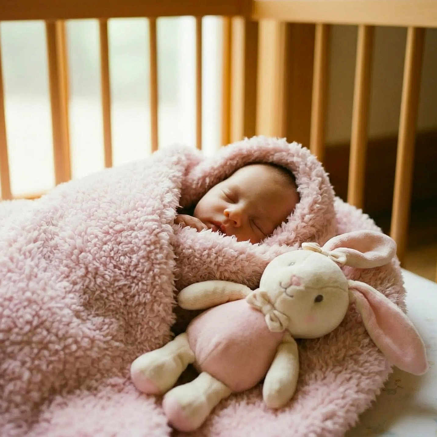 Rainbow is registered to the contest to win money with this photo: asleep, baby, bedding, cozy, crib, crib_slats, cute, fluffy_blanket, infant, newborn, nursery, peaceful, pink_blanket, plush_bunny, portrait, sleeping, soft_texture, soft_toy, stuffed_toy, wood_furniture