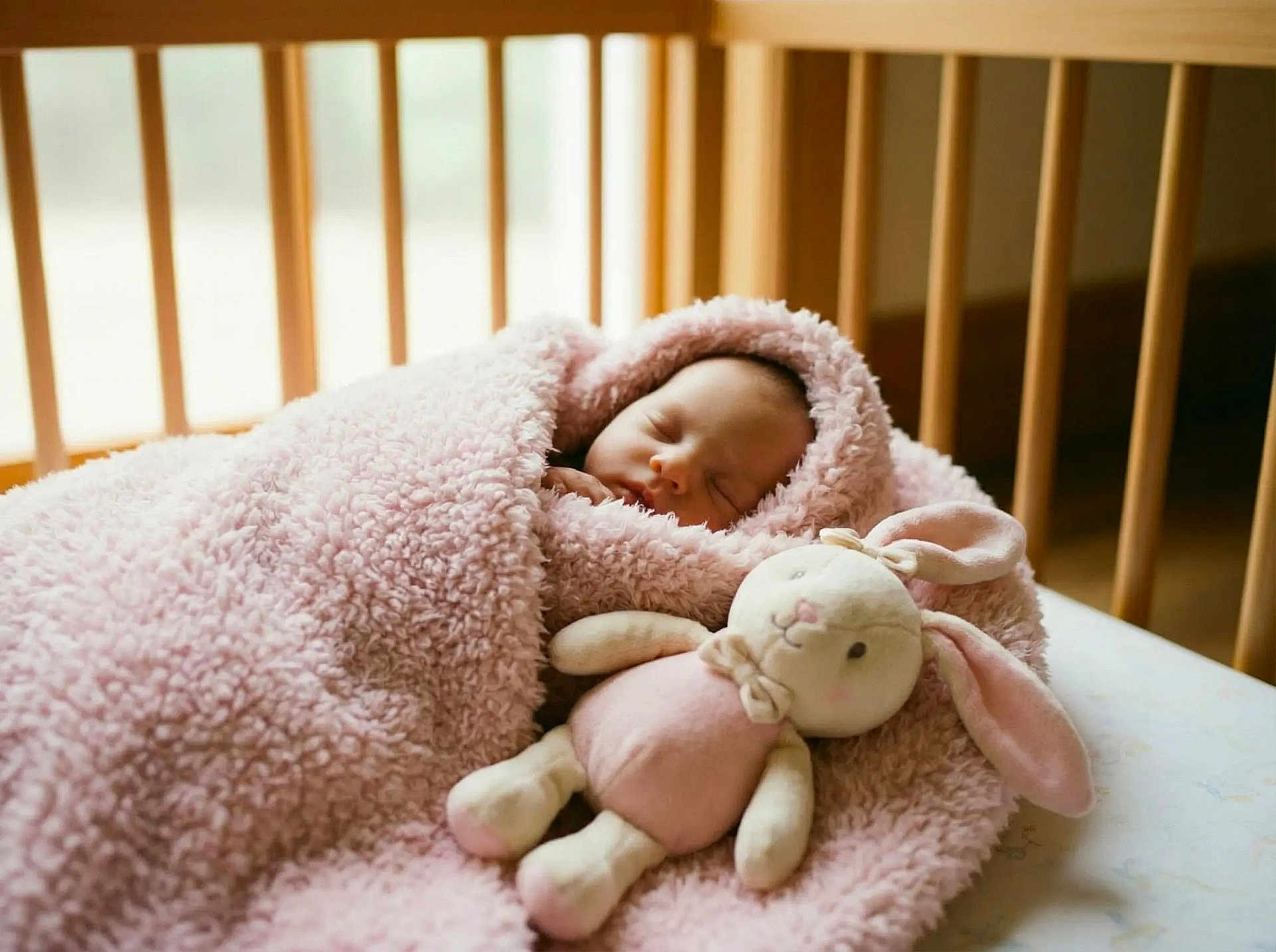 Rainbow is registered to the contest to win money with this photo: baby, infant, newborn, sleeping, asleep, crib, crib_slats, pink_blanket, fluffy_blanket, plush_bunny, stuffed_toy, soft_toy, cozy, nursery, wood_furniture, soft_texture, bedding, portrait, peaceful, cute