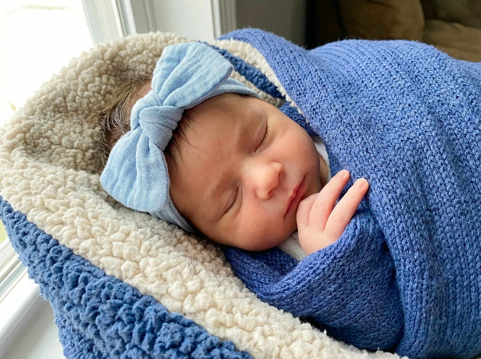 Funneh Cake joined the competition — help win amazing prizes! baby, blanket, bow, cheeks, closeup, cozy, eyelashes, hand, headband, indoor, infant, knit_blanket, newborn, peaceful, portrait, sherpa_blanket, sleeping, soft_texture, swaddle, window_light