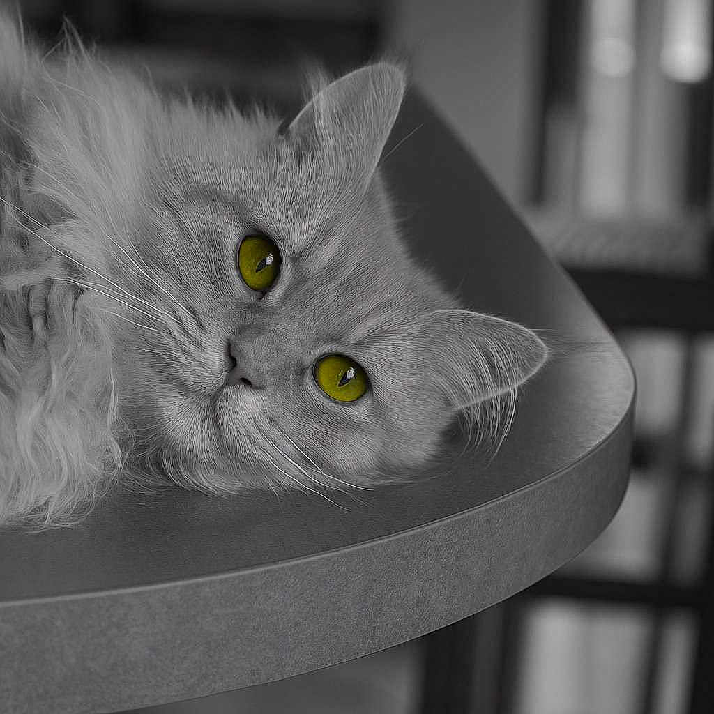 Symba a rejoint le concours — aidez-le/la à gagner de superbes lots ! animal, black_and_white, cat, close_up, cute, domestic, eye_contact, face, feline, fluffy, fur, indoor, lying_down, monochrome, pet, portrait, relaxed, table, whiskers, yellow_eyes
