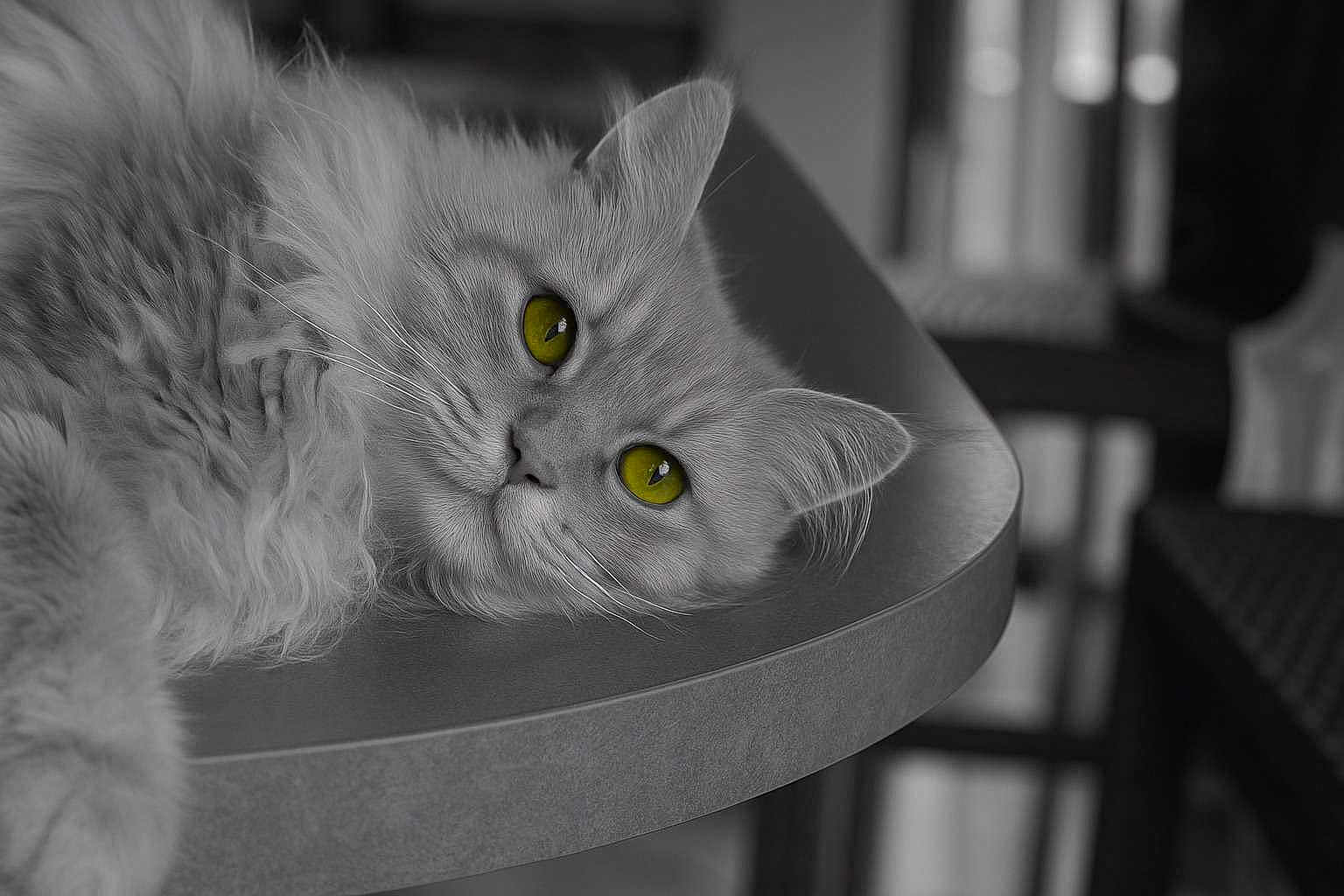 Symba a rejoint le concours — aidez-le/la à gagner de superbes lots ! cat, fluffy, yellow_eyes, close_up, animal, pet, feline, lying_down, monochrome, black_and_white, indoor, table, relaxed, whiskers, face, fur, portrait, cute, domestic, eye_contact