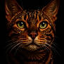 animal, bengal_cat, cat, close_up, cute, dark_background, expression, face, feline, fur, green_eyes, macro, mammal, nature, pet, portrait, sharp_focus, water_droplets, wet, whiskers