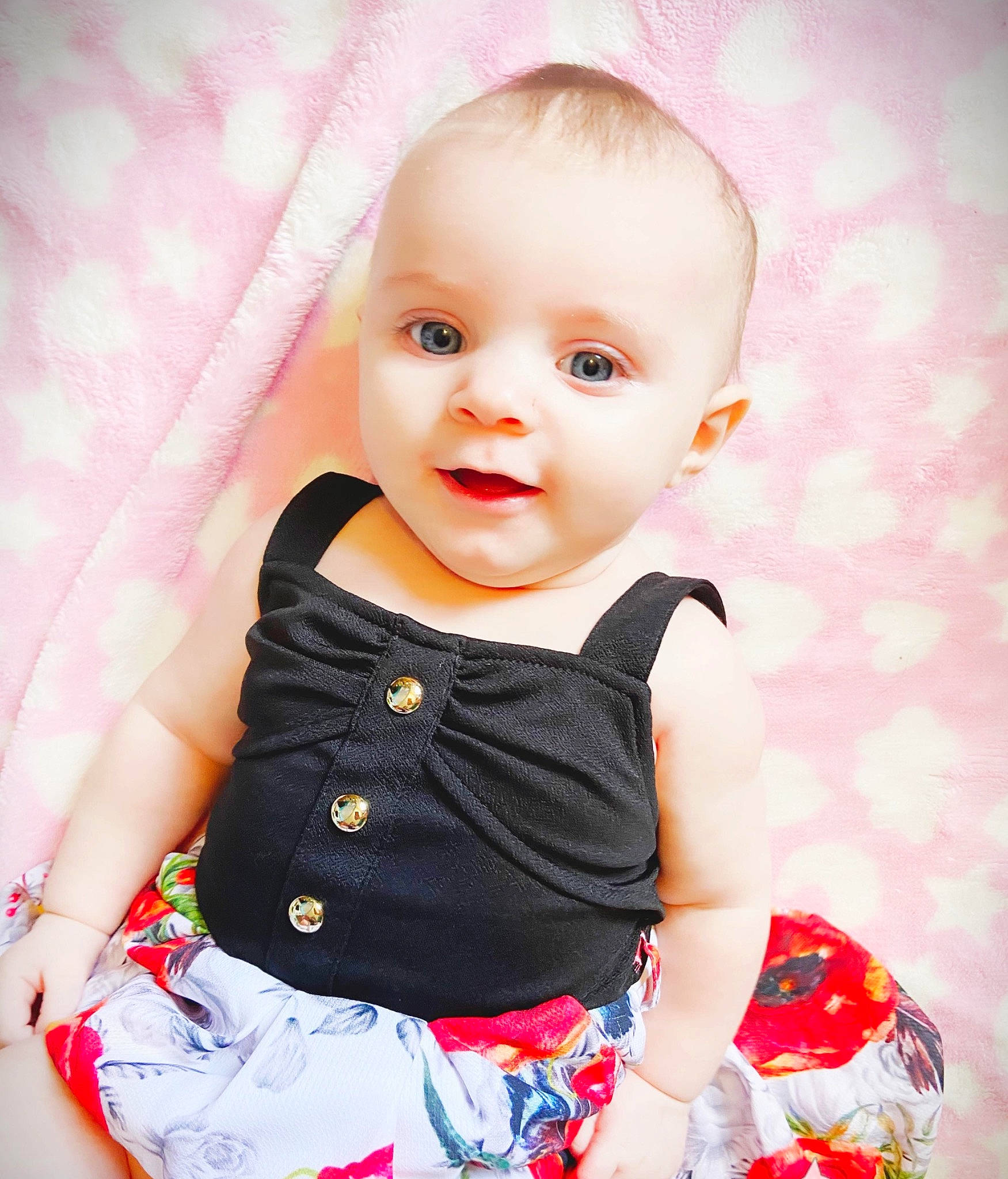 Arabella is registered to the contest to win money with this photo: baby, baby_toddler_clothing, cheek, chin, collar, day_dress, facial_expression, flash_photography, happy, head, iris, pattern, person, pink, red, sitting, skin, sleeve, t_shirt, toddler