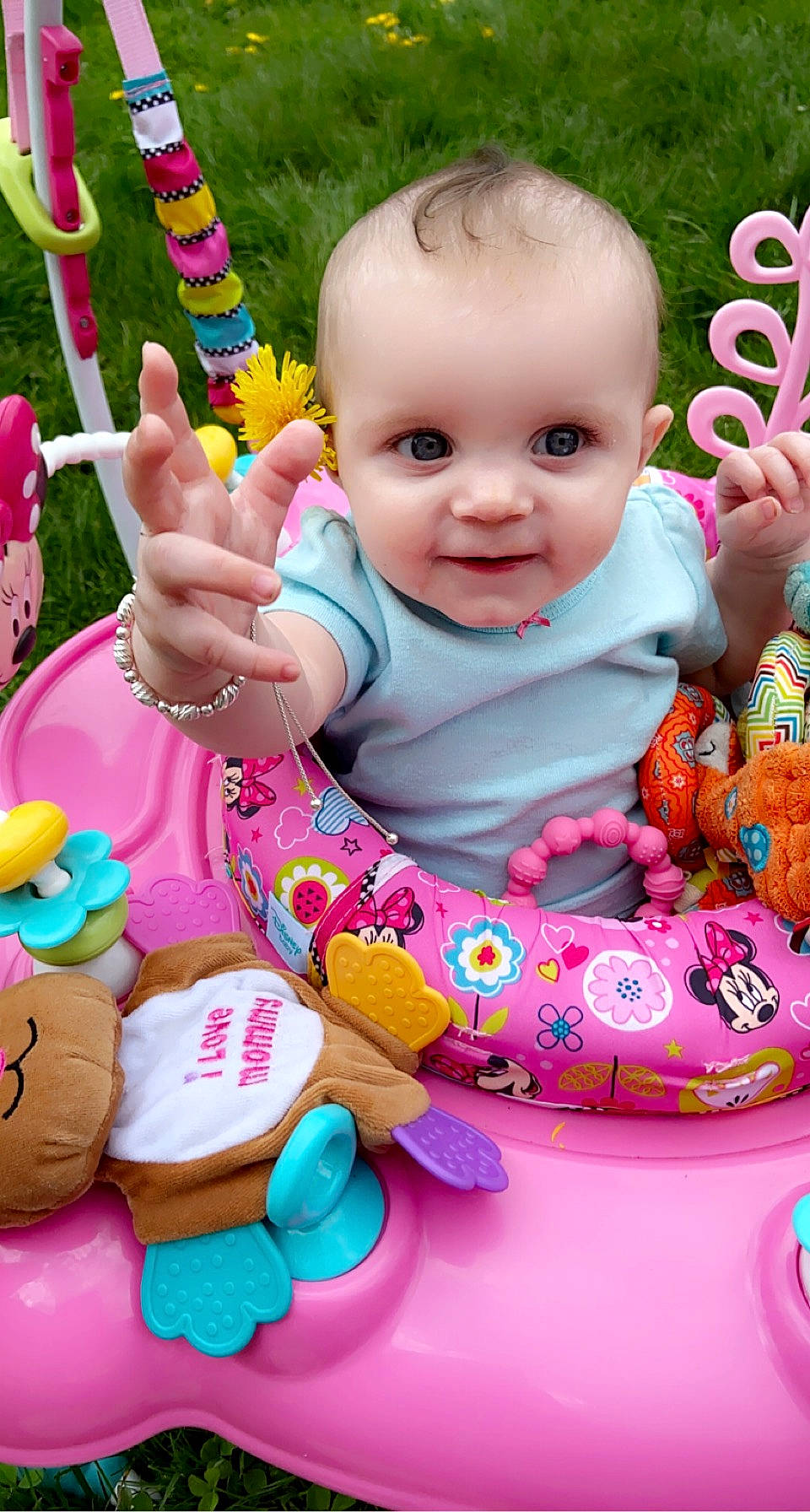 Arabella joined the competition — help win amazing prizes! baby, baby_toddler_clothing, cheek, eye, facial_expression, finger, green, hand, happy, head, organ, person, photograph, pink, product, skin, smile, textile, toddler, white