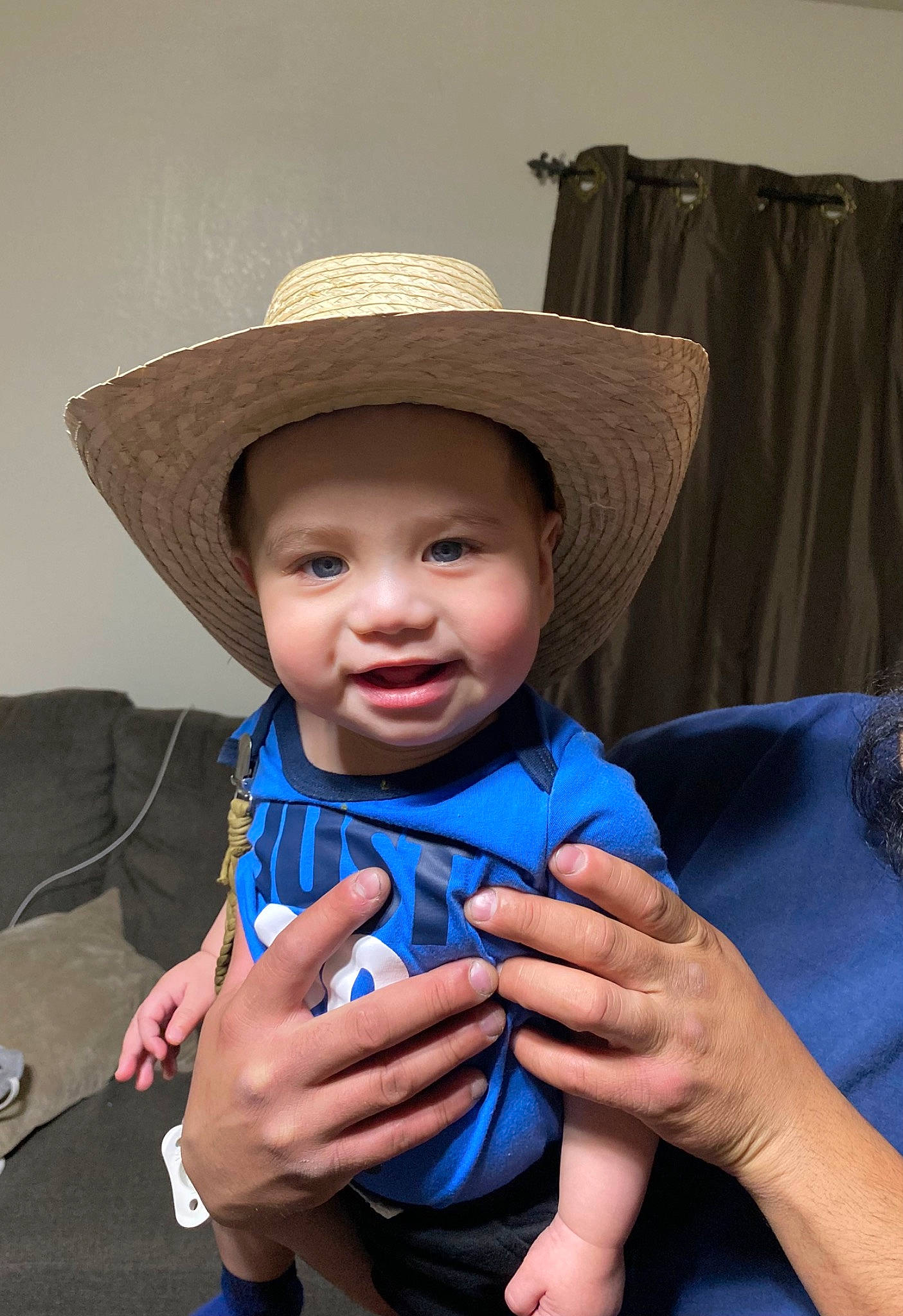 Azaiah joined the competition — help win amazing prizes! baby, baby_toddler_clothing, child, costume_hat, electric_blue, event, face, fashion_accessory, finger, fun, hand, happy, hat, headwear, joy, nail, person, sitting, skin, smile