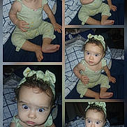 Amanda is registered to the contest to win money with this photo: baby, bed, blanket, child, collage, comfortable, curly_hair, cute, expressive, footwear_free, green_outfit, headband, indoors, infant, person, playful, portrait, sitting, wide_eyes, young_child
