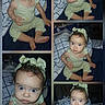baby, bed, blanket, child, collage, comfortable, curly_hair, cute, expressive, footwear_free, green_outfit, headband, indoors, infant, person, playful, portrait, sitting, wide_eyes, young_child