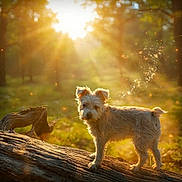 Presley joined the competition — help win amazing prizes! dog, forest, sunlight, log, nature, outdoor, animal, golden_hour, sun_rays, dust_particles, magic, fluffy, canine, tree, wood, daylight, park, mammal, scenery, sunshine