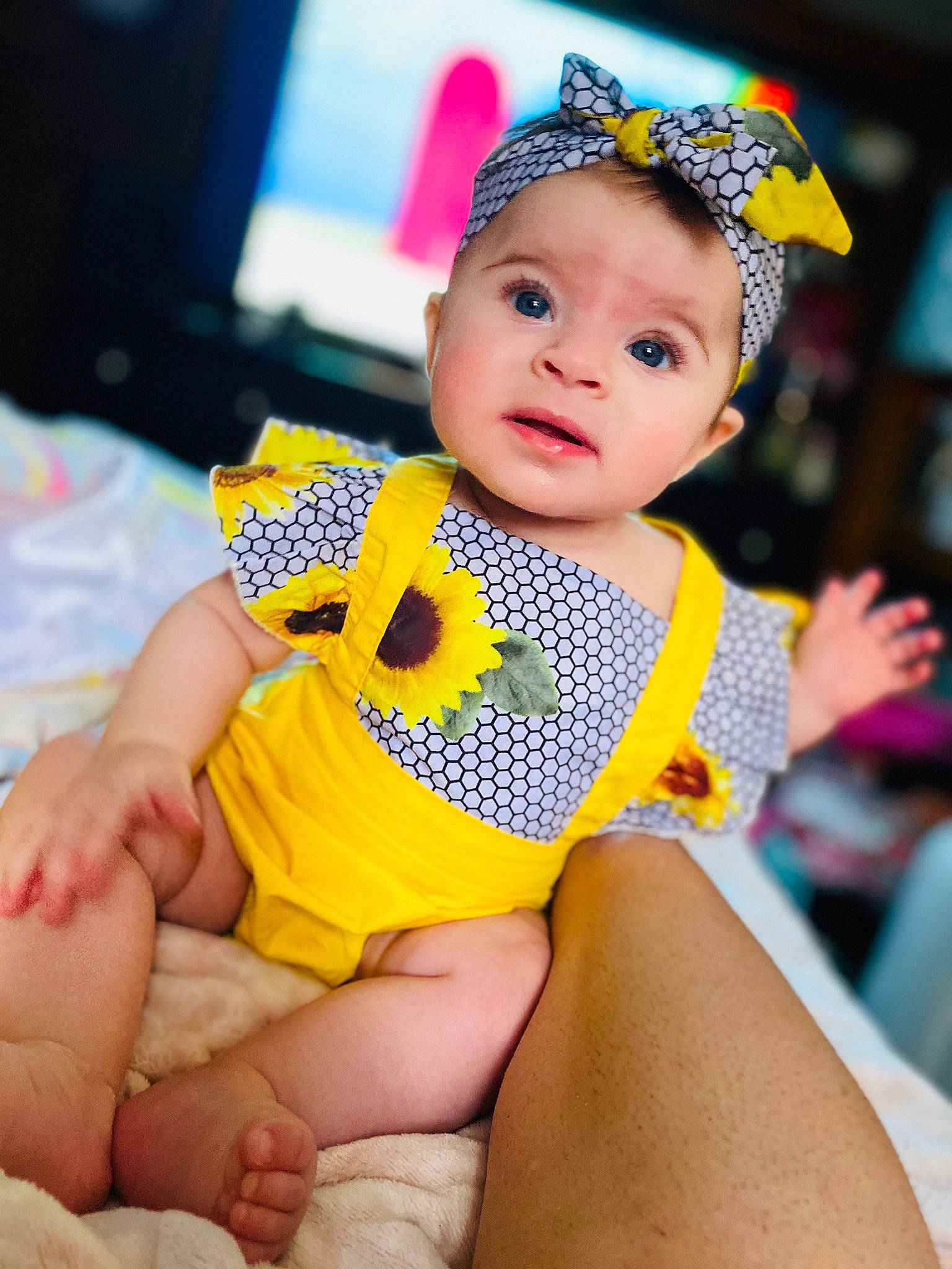 Everleigh joined the competition — help win amazing prizes! baby, baby_bloomers, baby_toddler_clothing, child, child_model, design, hair_accessory, headgear, headpiece, pattern, person, toddler, yellow