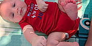 Benjamin is registered to the contest to win money with this photo: 4th_of_july, baby, celebration, child, cute, finger, foot, hand, holiday, infant, lying_down, mat, outdoor, patriotic, pattern, person, playful, red_onesie, skin, sunlight