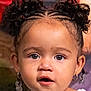toddler, child, portrait, face, curly_hair, ponytails, hoop_earrings, beaded_earrings, expression, open_mouth, close_up, indoor, soft_lighting, cute, young, person, fashion, hairstyle, skin, eyes