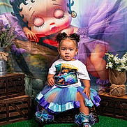 Yaziila joined the competition — help win amazing prizes! toddler, child, girl, tutu, colorful_clothing, shoes, braided_hair, cartoon_backdrop, flowers, wooden_crates, green_carpet, sitting, portrait, indoor, decor, cute, expression, earrings, birthday_shirt, basket
