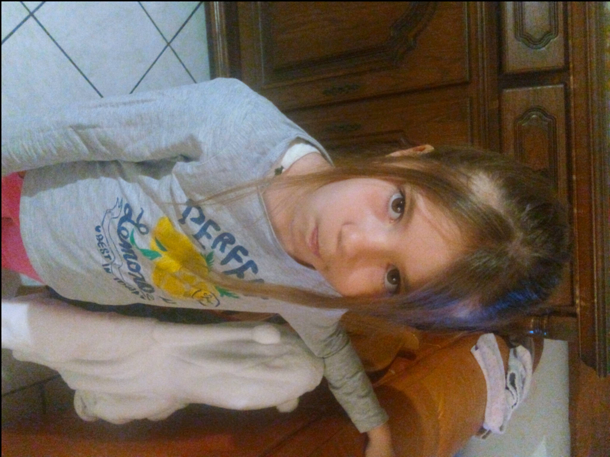 Inaya participe au concours pour gagner de l'argent avec cette photo : brown_hair, cabinetry, child, comfort, elbow, eyelash, feathered_hair, flooring, fun, fur, hair_coloring, hardwood, layered_hair, person, room, sitting, t_shirt, wood