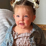Sadie is registered to the contest to win money with this photo: child, toddler, cupcake, candles, birthday, pigtails, hair_bows, denim_jacket, gingham_dress, smiling, rosy_cheeks, indoor, table, portrait, happy, celebration, frosting, wood_trim, blanket, face