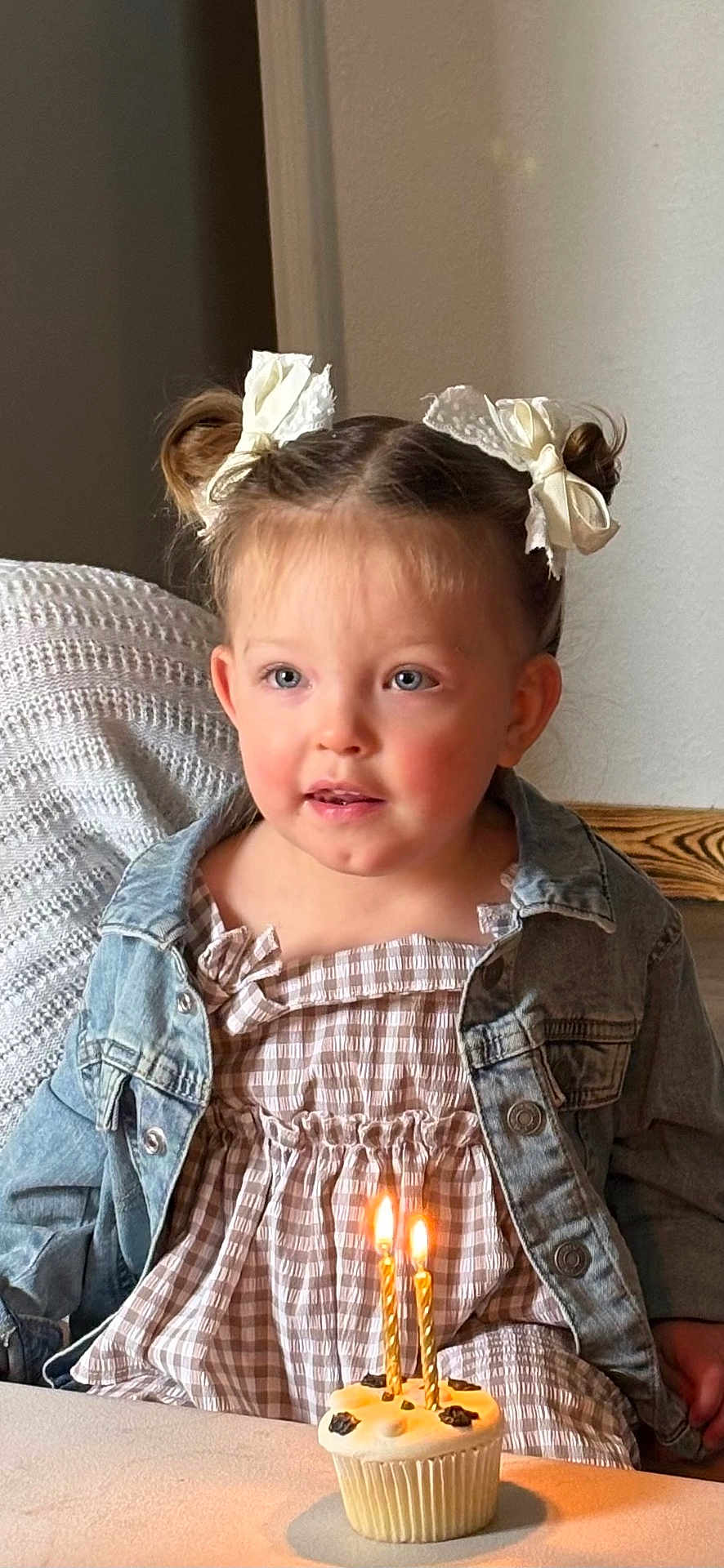 Sadie is registered to the contest to win money with this photo: child, toddler, cupcake, candles, birthday, pigtails, hair_bows, denim_jacket, gingham_dress, smiling, rosy_cheeks, indoor, table, portrait, happy, celebration, frosting, wood_trim, blanket, face