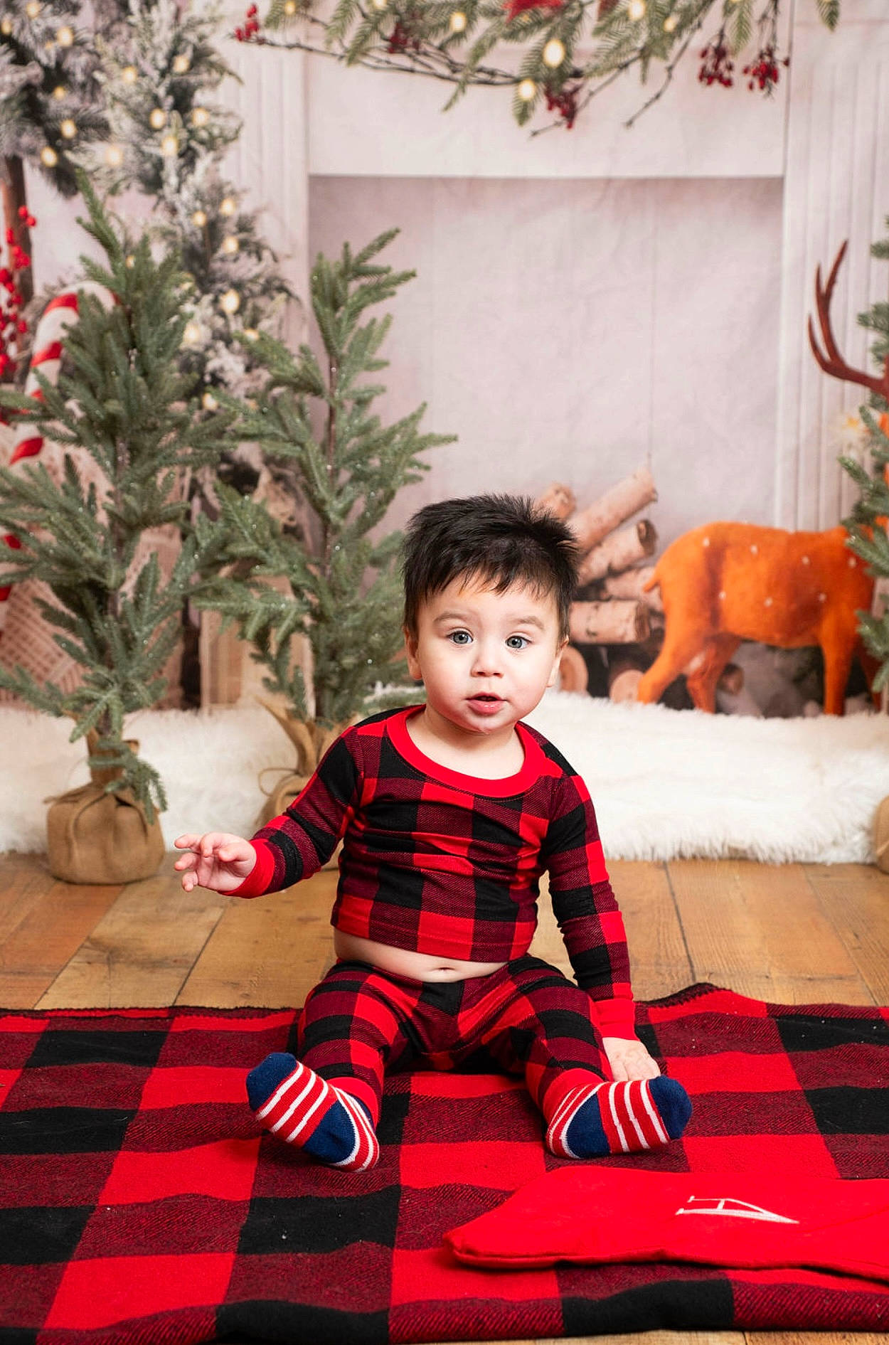 Ace Delles joined the competition — help win amazing prizes! baby, baby_toddler_clothing, christmas, christmas_decoration, event, flooring, flowerpot, happy, holiday, houseplant, pattern, person, plaid, plant, red, room, sitting, sleeve, tartan, toddler