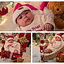baby, christmas, santa_hat, holiday, gift_box, wicker_basket, teddy_bear, ornament, christmas_tree, lights, red, white, cozy, sweater, cute, festive, infant, holiday_decor, plush, pose