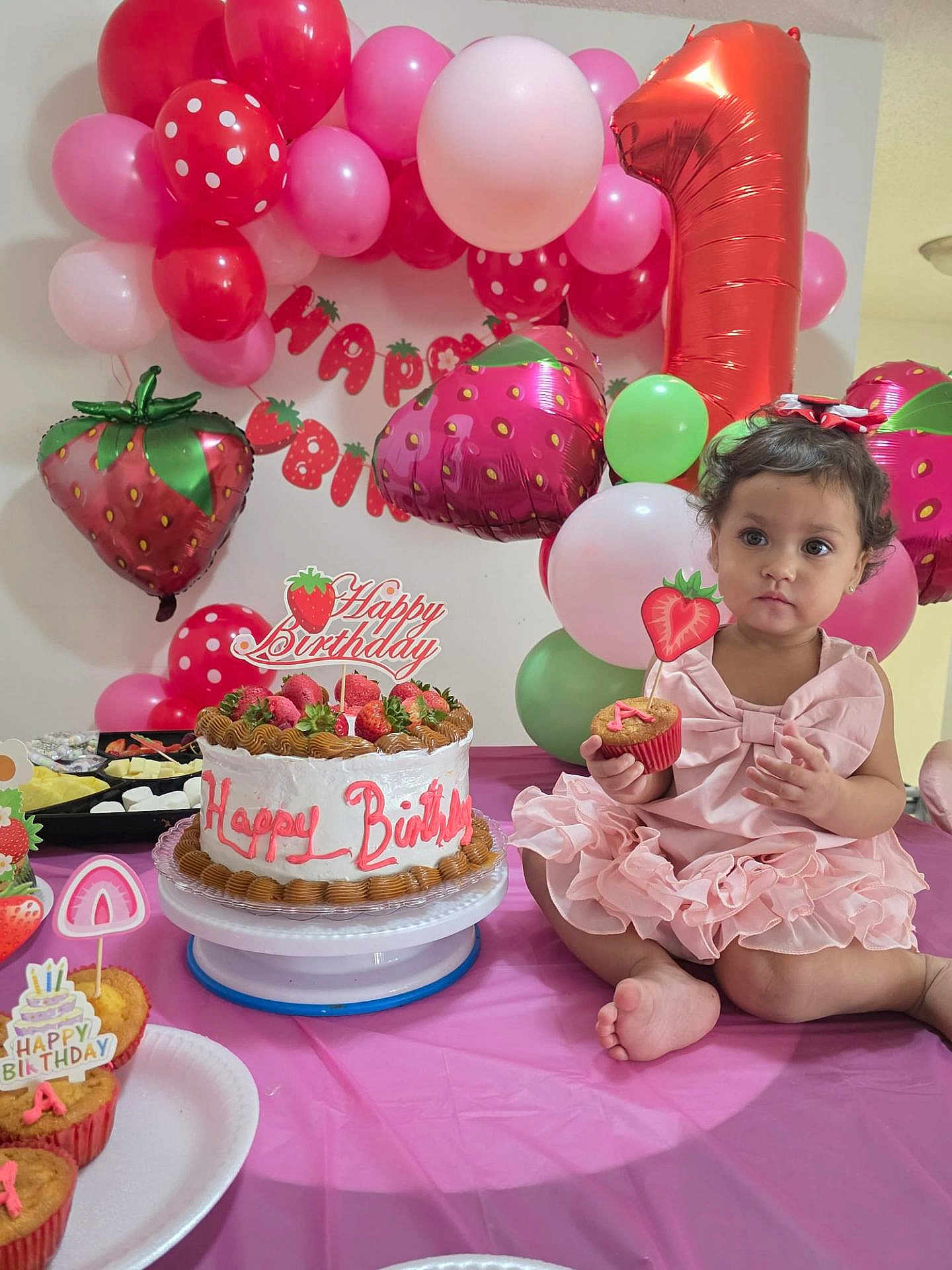 Alana Cobas joined the competition — help win amazing prizes! toddler, birthday, cake, cupcake, pink_dress, balloons, strawberry, party, celebration, tablecloth, food, child, decorations, party_decor, indoor, cute, festive, happy_birthday, present, girl