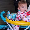 Jewlz joined the competition — help win amazing prizes! baby, child, infant, walker, sitting, face, eyes, curious, indoors, home, floor, toy, colorful, pajamas, pink_clothing, yellow_tray, blue_walker, portrait, furniture, daylight