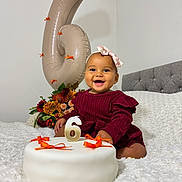 Alora joined the competition — help win amazing prizes! baby, smiling, birthday, cake, balloon, number_6, flower_arrangement, headband, dress, bed, white_bedspread, celebration, indoor, happy, child, portrait, sitting, decorations, orange_bows, photography