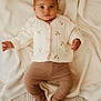 Alora joined the competition — help win amazing prizes! baby, infant, child, blanket, knitwear, cardigan, floral_embroidery, brown_pants, barefoot, texture, portrait, indoors, laying_down, cute, soft_lighting, warm_colors, cozy, young_child, looking_at_camera, neutral_expression
