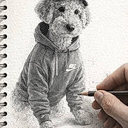 Nike Blu is registered to the contest to win money with this photo: dog, drawing, sketch, pencil, hand, hoodie, hat, nike, curly_hair, artwork, notebook, eraser, sharpener, pencil_shavings, realistic, black_and_white, portrait, animal, creative, illustration