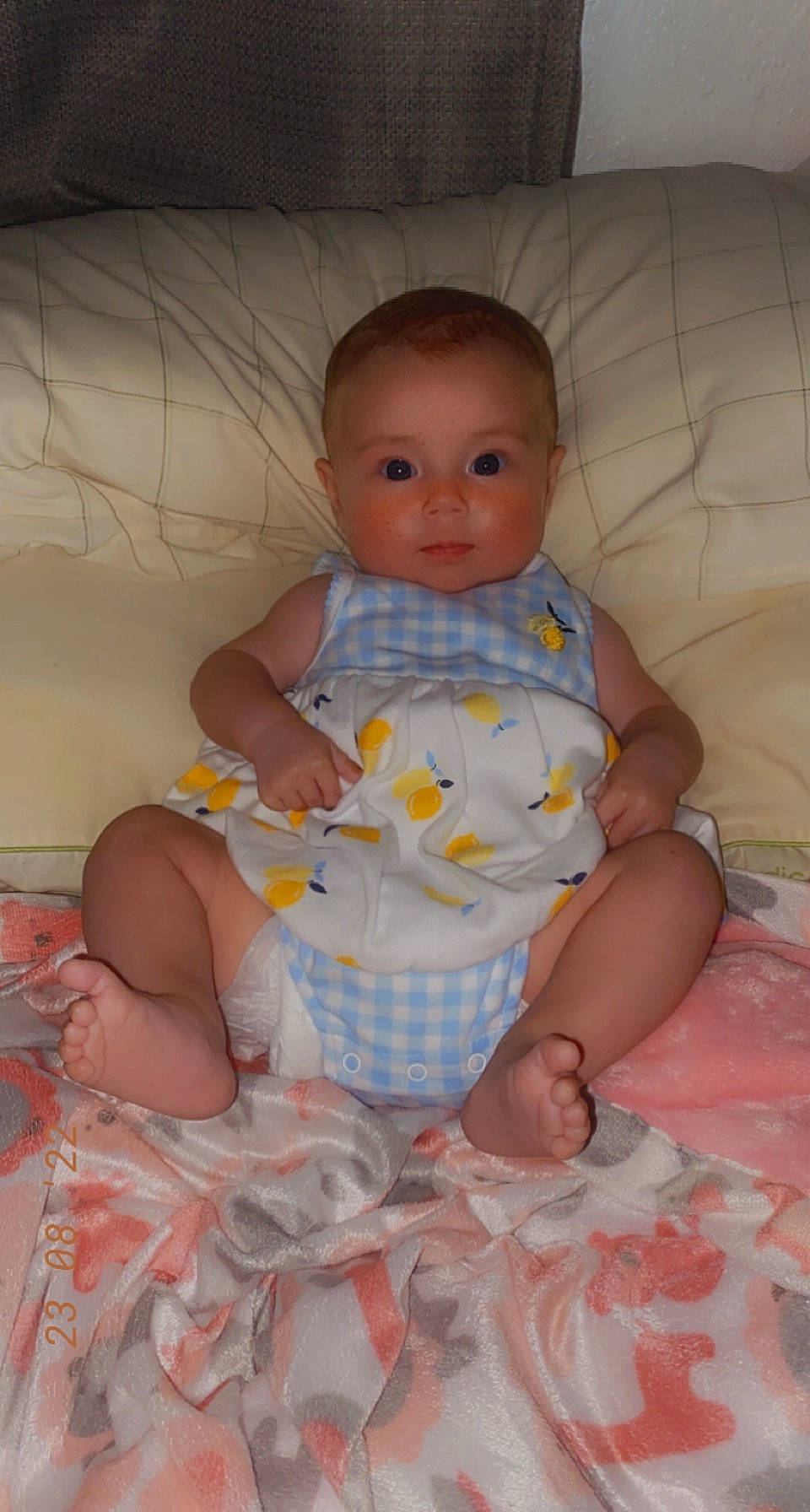 Oaklynn is registered to the contest to win money with this photo: baby, baby_toddler_clothing, barefoot, cheek, chest, child, comfort, foot, lap, linens, person, pink, room, sitting, skin, sleeve, smile, stomach, textile, toddler