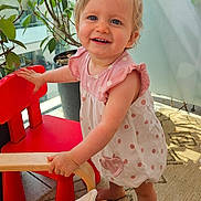 Jeanne participe au concours pour gagner de l'argent avec cette photo : toddler, child, barefoot, smiling, indoor, red_chair, wooden_chair, plant, greenery, window, natural_light, polka_dot_dress, carpet, happy, cute, young_child, furniture, home, person, curious