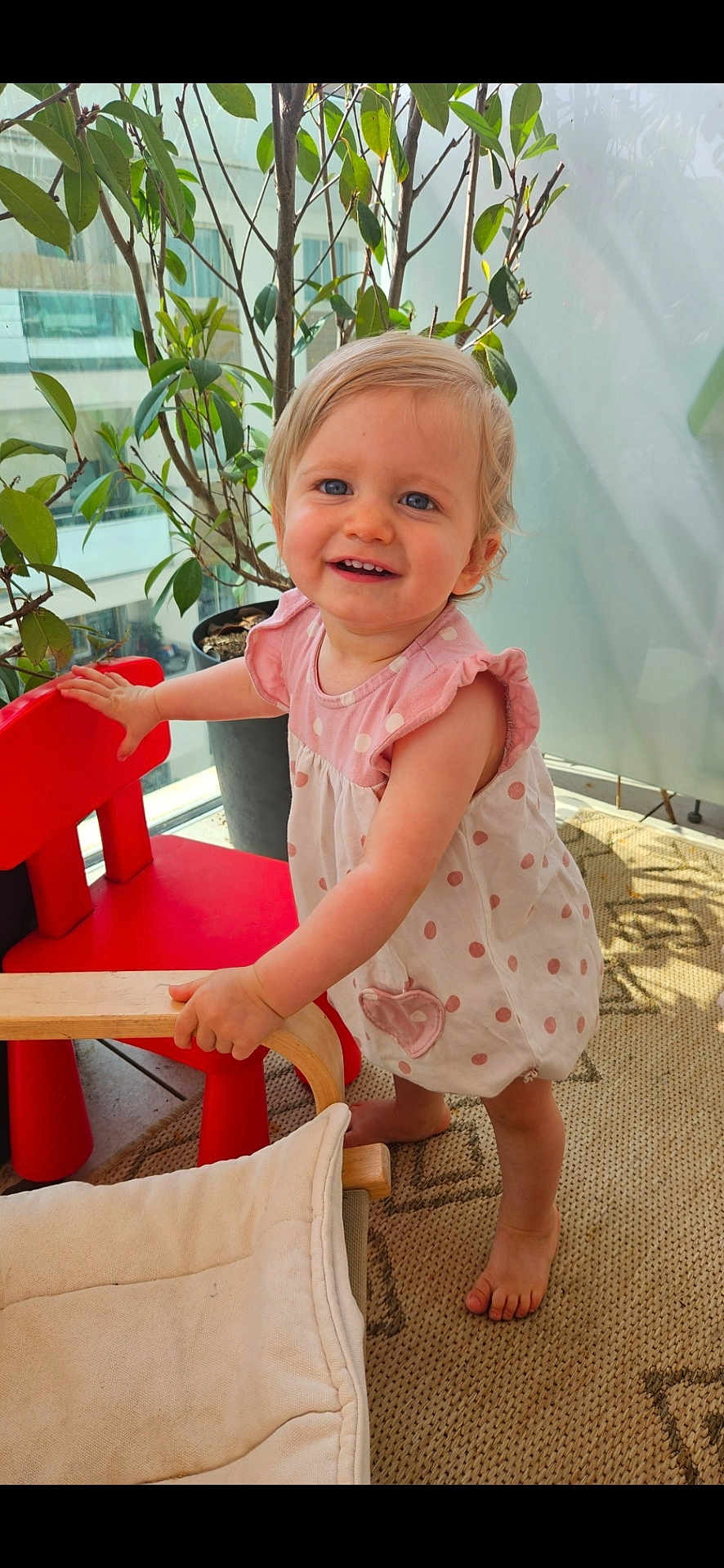 Jeanne participe au concours pour gagner de l'argent avec cette photo : toddler, child, barefoot, smiling, indoor, red_chair, wooden_chair, plant, greenery, window, natural_light, polka_dot_dress, carpet, happy, cute, young_child, furniture, home, person, curious