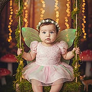 Aislany joined the competition — help win amazing prizes! baby, child, fairy, wings, flower_crown, swing, moss, lights, bokeh, mushrooms, forest, costume, pink_dress, glowing, cute, portrait, outdoor, nature, whimsical, fantasy