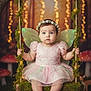 baby, child, fairy, wings, flower_crown, swing, moss, lights, bokeh, mushrooms, forest, costume, pink_dress, glowing, cute, portrait, outdoor, nature, whimsical, fantasy