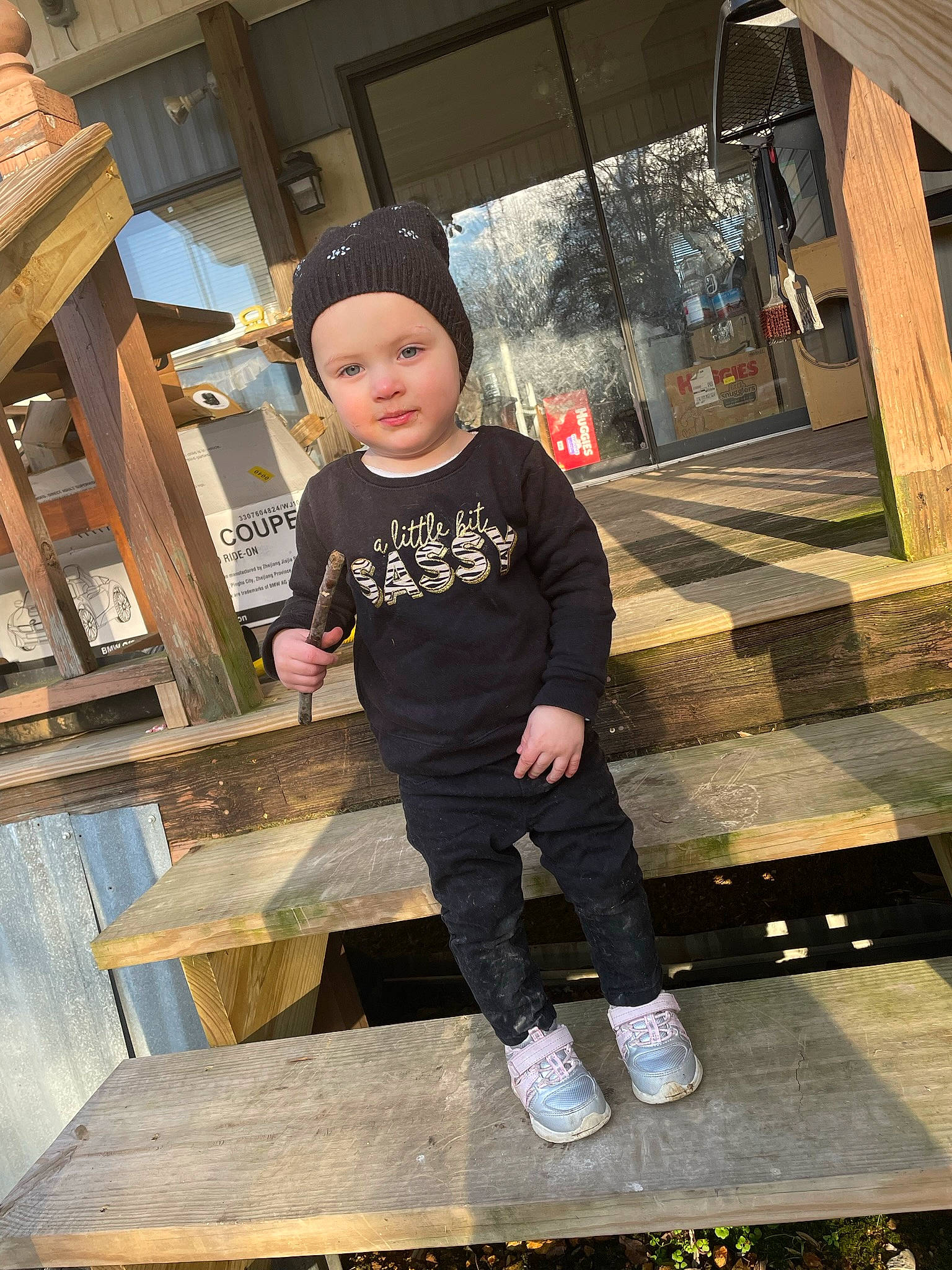 Scarlet joined the competition — help win amazing prizes! baseball_cap, bench, cap, child, flash_photography, flooring, fun, happy, hardwood, headwear, leisure, person, recreation, shoe, shorts, sitting, sleeve, street_fashion, t_shirt, tints_and_shades