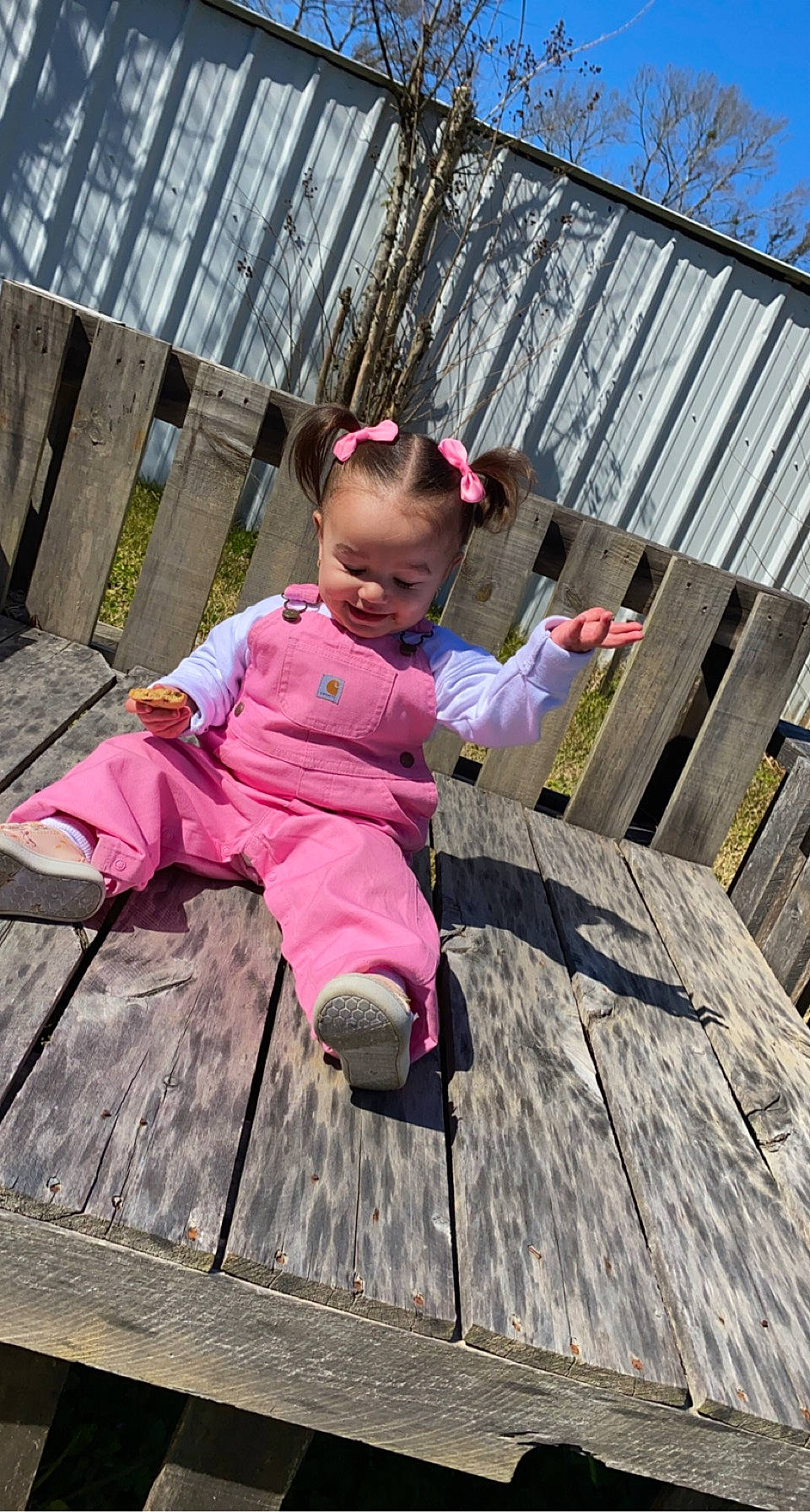 Alannah is registered to the contest to win money with this photo: baby, baby_toddler_clothing, child, fence, fun, grass, leisure, magenta, person, pink, purple, recreation, sitting, sky, sneakers, spring, sunglasses, toddler, tree, winter
