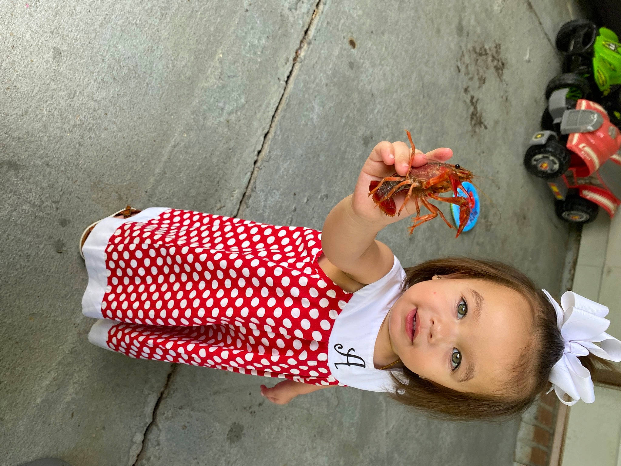 Alannah is registered to the contest to win money with this photo: baby_toddler_clothing, beauty, carmine, child, day_dress, dress, eyewear, fun, happy, human_leg, leg, nail, pattern, person, red, sitting, smile, toddler, toy, waist