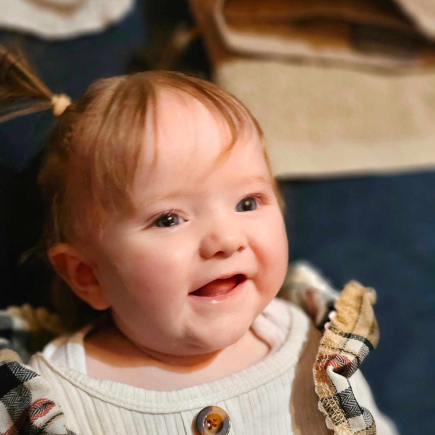 Aurora joined the competition — help win amazing prizes! accessories, baby, babylaughing, blonde, clothing, face, hair, happy, head, jewelry, laughing, machine, necklace, pants, person, photography, portrait, screw, smile, strap