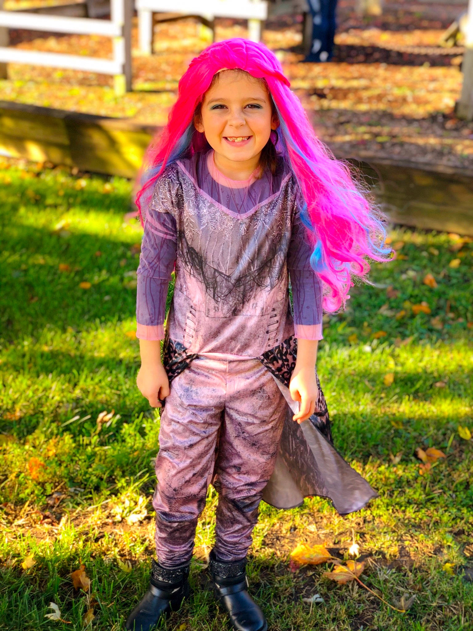 Alayna joined the competition — help win amazing prizes! autumn, child, child_model, costume, fawn, footwear, grass, headwear, joy, leaf, long_hair, outerwear, person, photography, pink, plant, purple, smile, toddler, yellow
