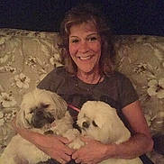 Dolly joined the competition — help win amazing prizes! animal, casual, couch, cute, dog, dogs, domestic_animal, evening, floral_pattern, fluffy, happy, holding, indoor, person, pet, relaxed, seated, small_dog, smiling, woman