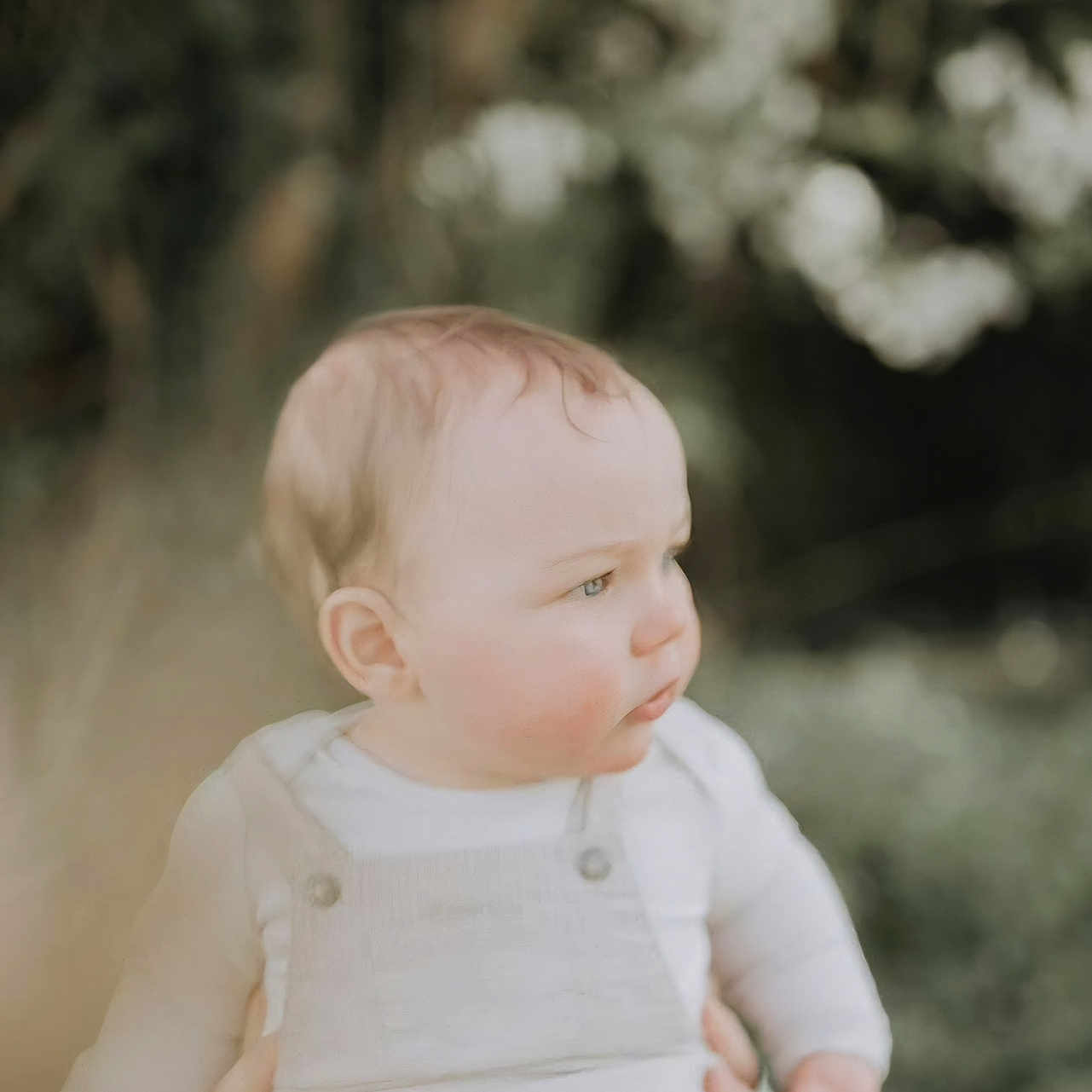 Mahé a rejoint le concours — aidez-le/la à gagner de superbes lots ! baby, child, curious, cute, expression, face, greenery, hands, head, infant, light, nature, outdoor, overalls, person, portrait, sitting, skin, soft_light, young