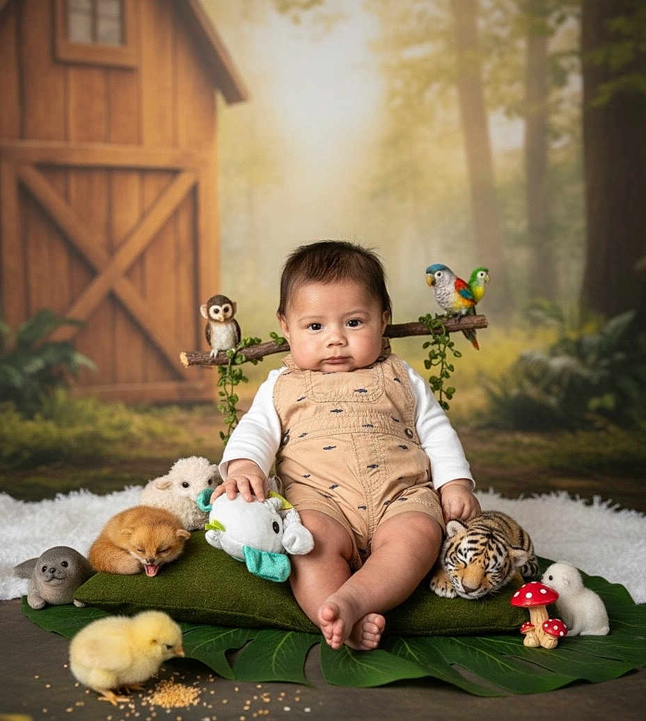 Abraham joined the competition — help win amazing prizes! baby, child, plush_toys, stuffed_animals, chick, forest_background, wooden_door, green_cushion, toddler, cute, indoor, portrait, animal_toys, mushrooms, decor, soft_lighting, smiling, sitting, nature_theme, playful